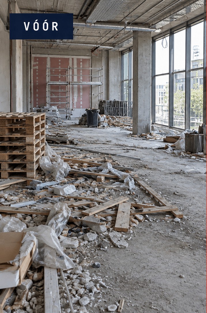 Bouwverdieping vóór de bouwopruiming: puin, pallets en bouwafval op de vloer