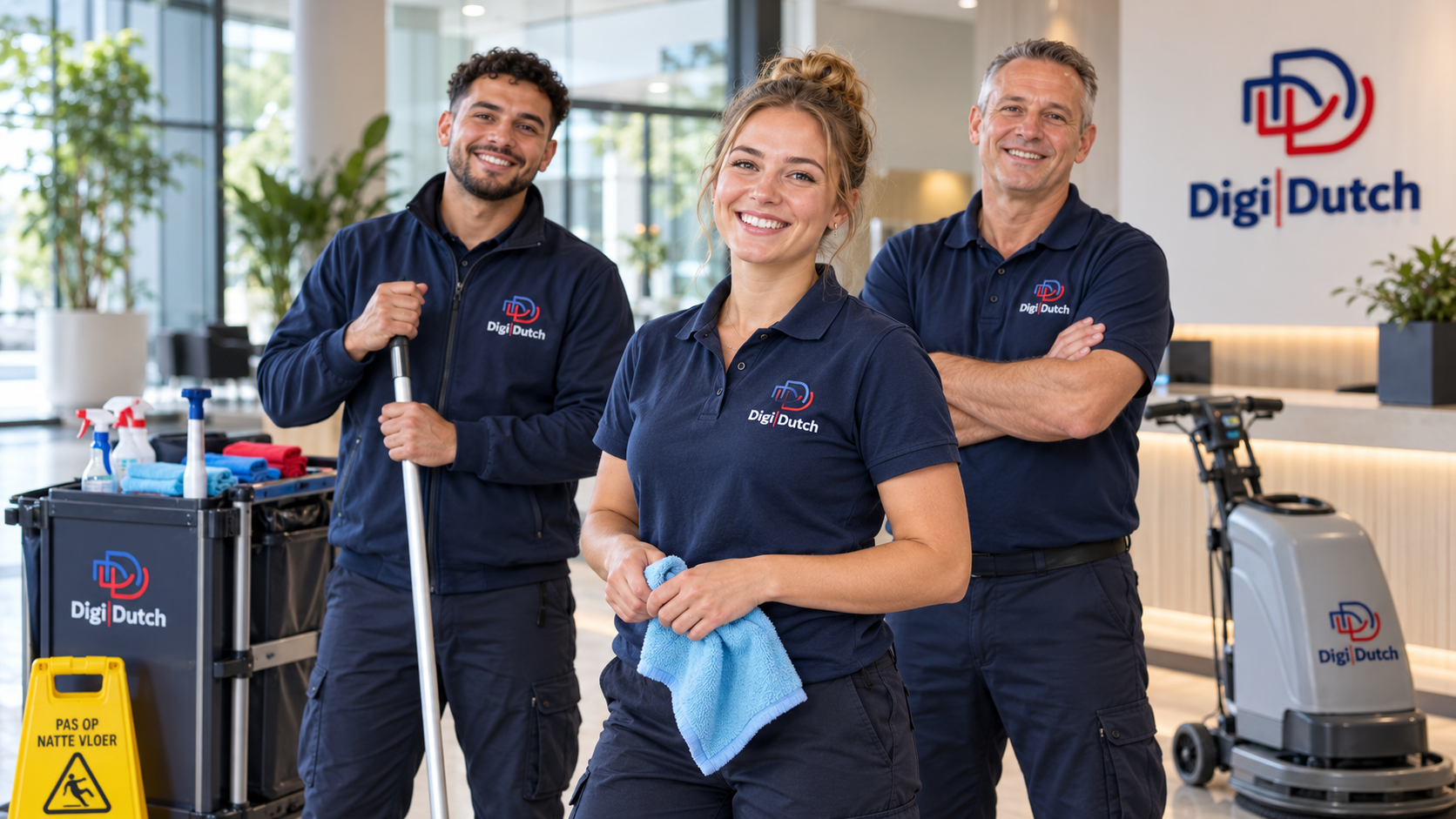 Schoonmaakteam bij de receptie van een bedrijfspand
