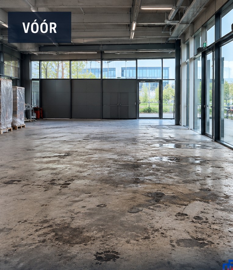 Bedrijfshal vóór de vloerreiniging: vloer met ingelopen vuil, vlekken en strepen