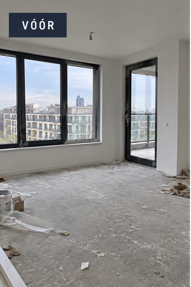 Appartement vóór de opleveringsschoonmaak: bouwstof, resten en afval op de vloer