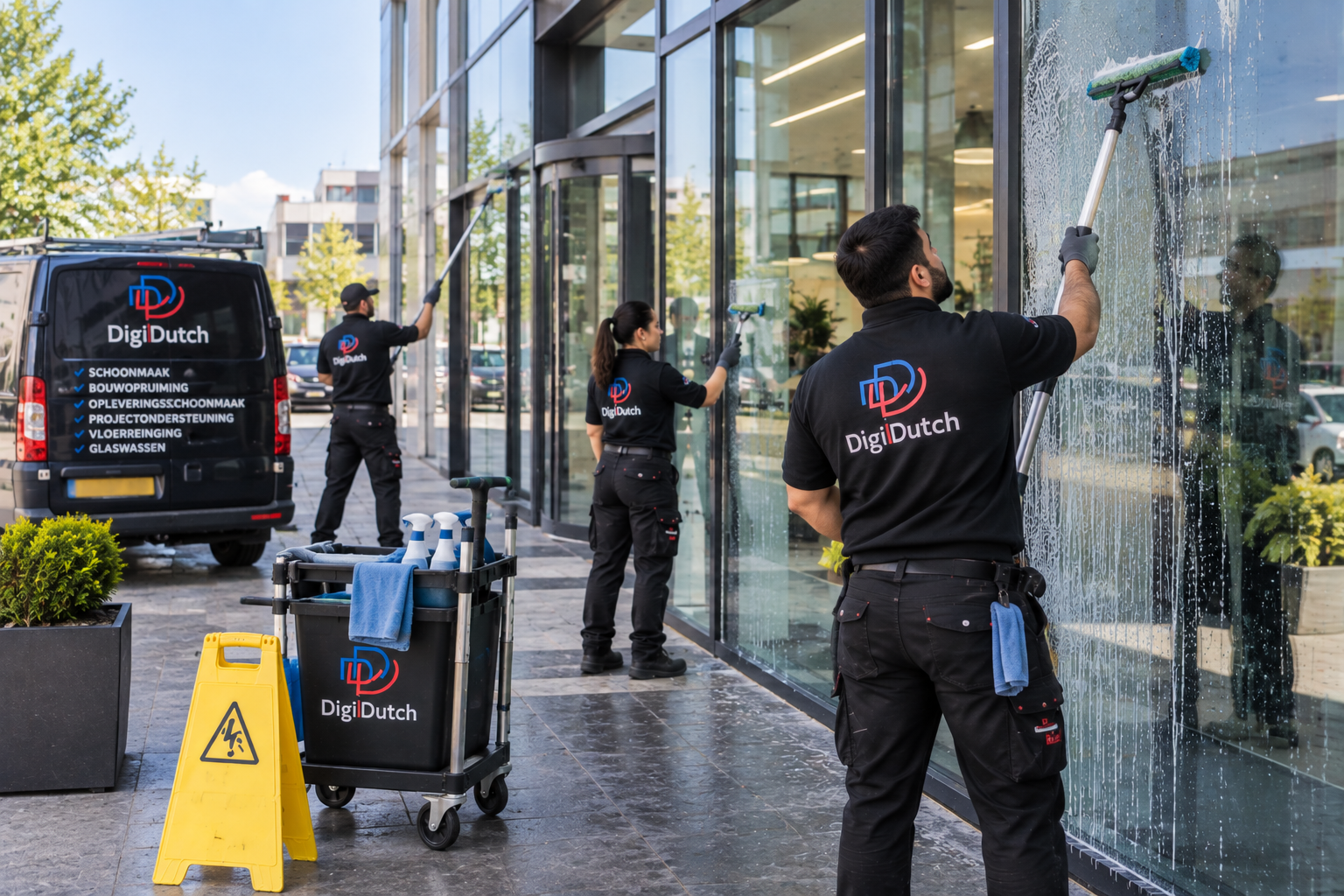 Glasreiniging van een pui op bereikbare hoogte