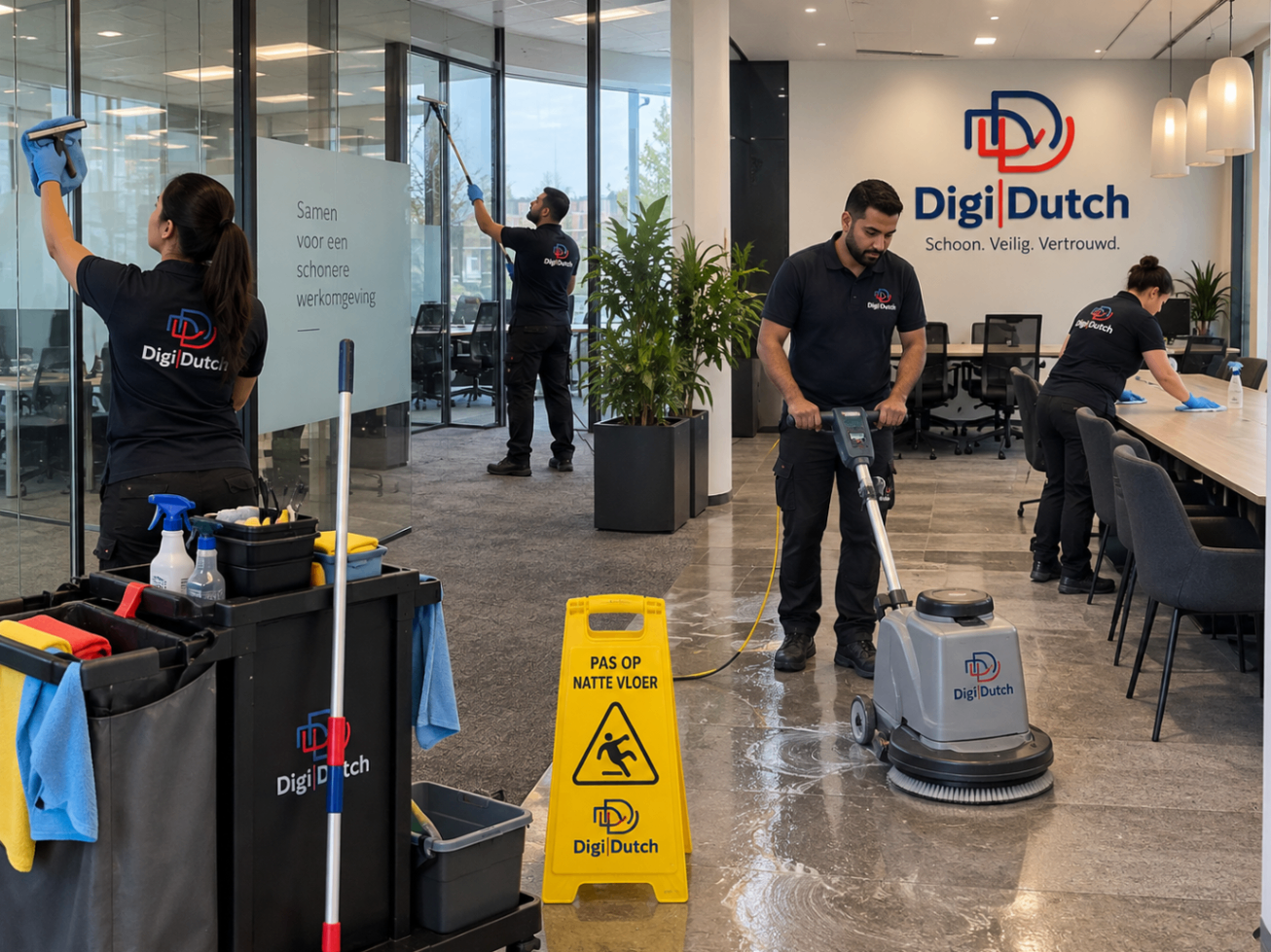 Team van Digidutch bespreekt het werkprogramma voor de schoonmaak van een kantoorpand