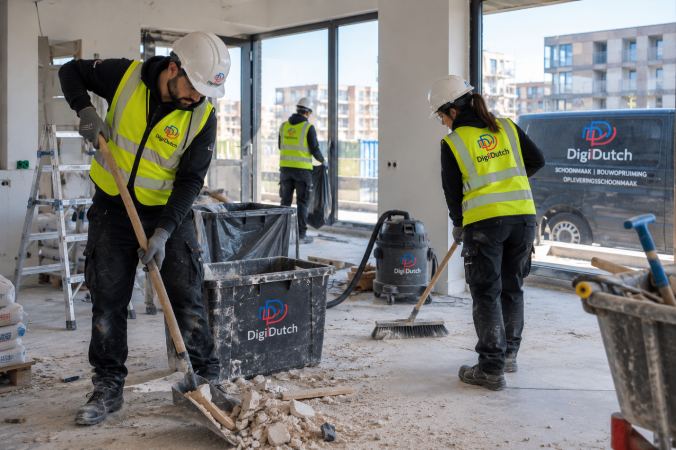 Digidutch-bus en medewerkers bij een opgeruimde bouwlocatie