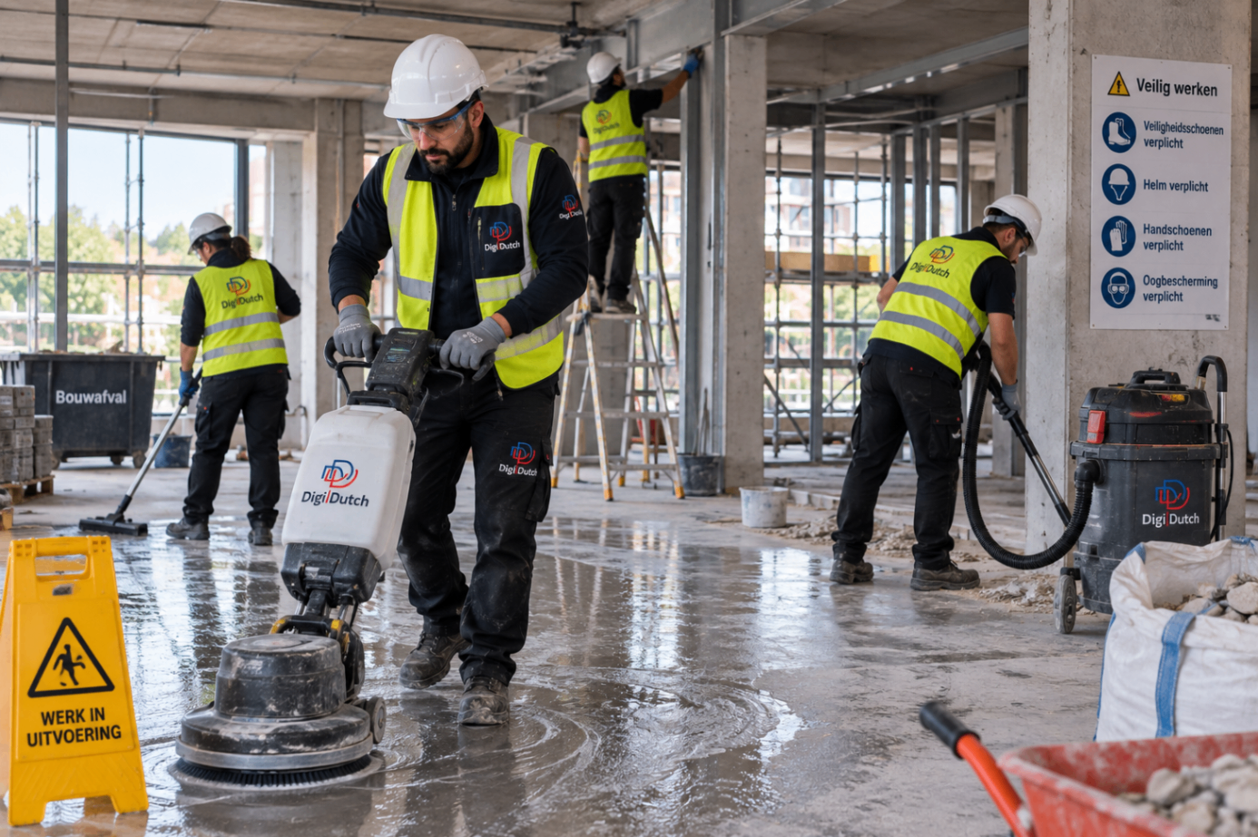 Veiligheidshelmen en werkkleding op een bouwlocatie