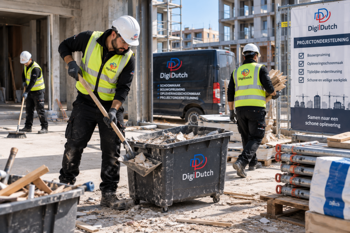 Bouwafval verzameld en gescheiden op een werklocatie